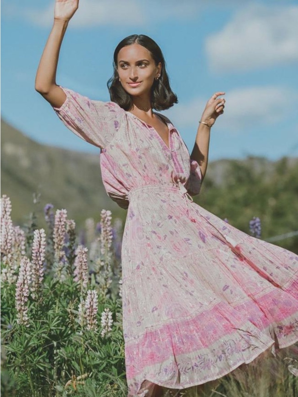 Spell Pink Lavender Floral Midi Dress - Picture 4 of 16